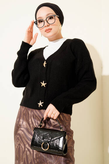 Deniz Yıldızı Düğmeli Triko Hırka Siyah - Hırka