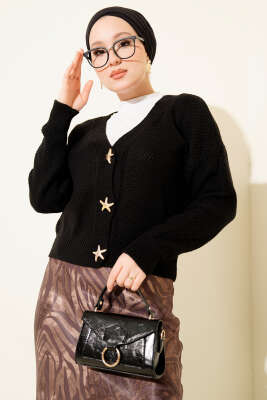 Deniz Yıldızı Düğmeli Triko Hırka Siyah