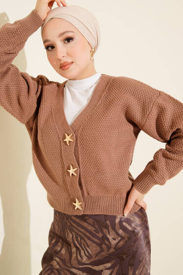 Deniz Yıldızı Düğmeli Triko Hırka Vizon - Hırka