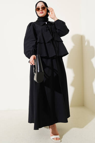 Denizci Yaka Bağlamalı Etekli İkili Takım Siyah - İkili Takım