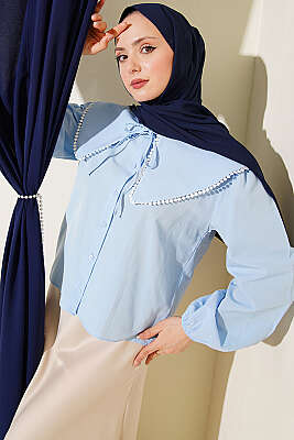 Denizci Yaka Bağlamalı Kısa Gömlek Bebe Mavi - BIGDART