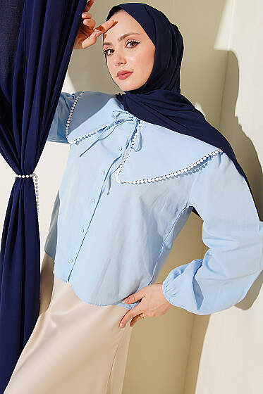 Denizci Yaka Bağlamalı Kısa Gömlek Bebe Mavi - Gömlek