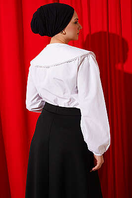 Denizci Yaka Bağlamalı Kısa Gömlek Beyaz - Gömlek