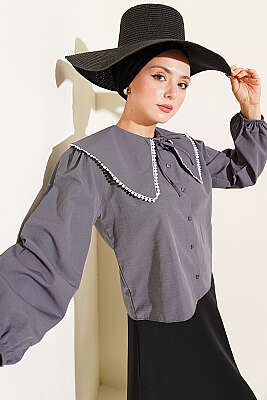 Denizci Yaka Bağlamalı Kısa Gömlek Füme - BIGDART