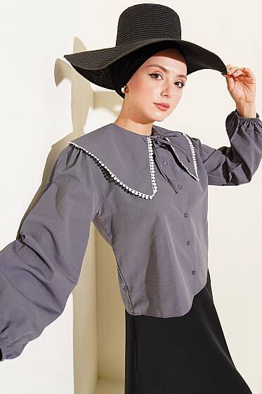 Denizci Yaka Bağlamalı Kısa Gömlek Füme - Gömlek