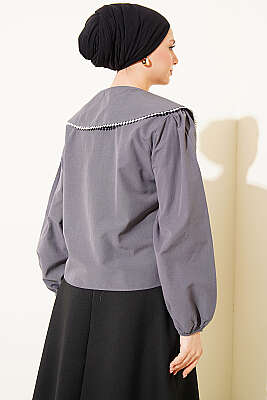 Denizci Yaka Bağlamalı Kısa Gömlek Füme - Gömlek