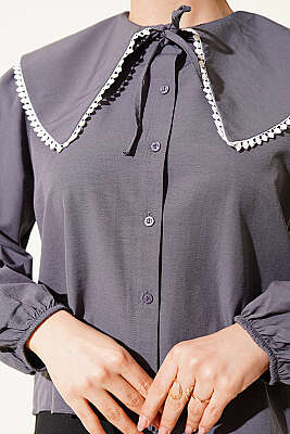 Denizci Yaka Bağlamalı Kısa Gömlek Füme - Gömlek