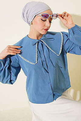 Denizci Yaka Bağlamalı Kısa Gömlek İndigo - BIGDART