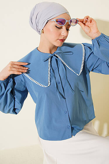 Denizci Yaka Bağlamalı Kısa Gömlek İndigo - Gömlek