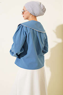 Denizci Yaka Bağlamalı Kısa Gömlek İndigo - Gömlek