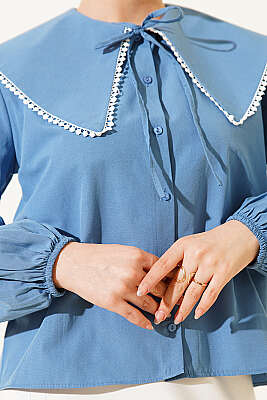 Denizci Yaka Bağlamalı Kısa Gömlek İndigo - Gömlek