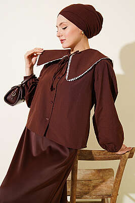 Denizci Yaka Bağlamalı Kısa Gömlek Kahve - BIGDART