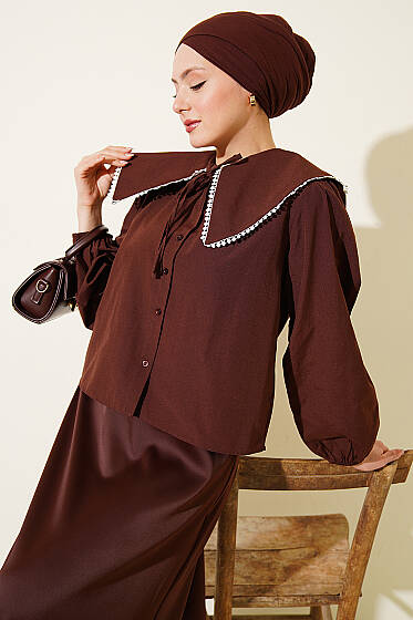 Denizci Yaka Bağlamalı Kısa Gömlek Kahve - Gömlek