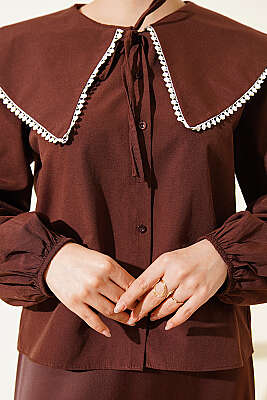 Denizci Yaka Bağlamalı Kısa Gömlek Kahve - Gömlek