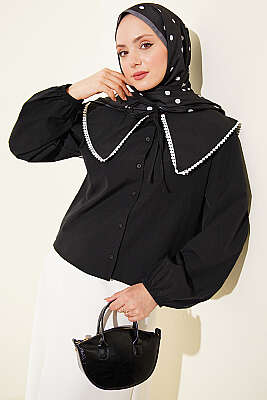 Denizci Yaka Bağlamalı Kısa Gömlek Siyah - BIGDART