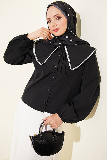 Denizci Yaka Bağlamalı Kısa Gömlek Siyah - Gömlek