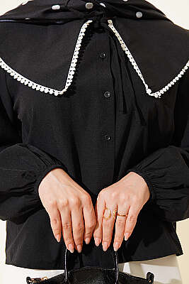 Denizci Yaka Bağlamalı Kısa Gömlek Siyah - Gömlek