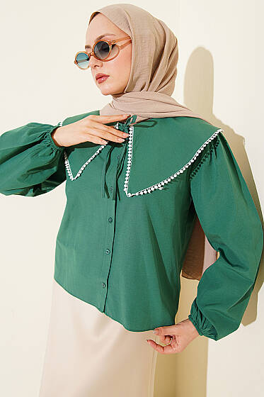 Denizci Yaka Bağlamalı Kısa Gömlek Zümrüt - Gömlek