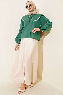 Denizci Yaka Bağlamalı Kısa Gömlek Zümrüt - Gömlek