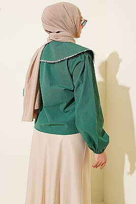 Denizci Yaka Bağlamalı Kısa Gömlek Zümrüt - Gömlek