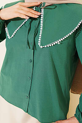 Denizci Yaka Bağlamalı Kısa Gömlek Zümrüt - Gömlek