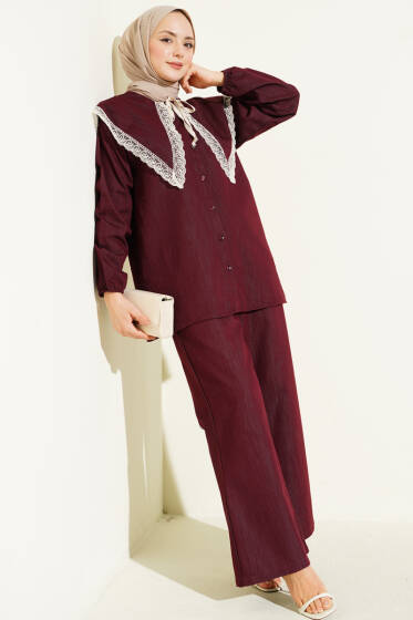 Denizci Yaka Dantelli Etekli İkili Takım Bordo - İkili Takım
