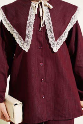 Denizci Yaka Dantelli Etekli İkili Takım Bordo - İkili Takım