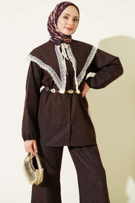 Denizci Yaka Dantelli Etekli İkili Takım Kahve - İkili Takım