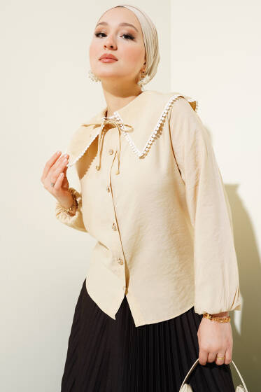 Denizci Yaka Dantelli Kısa Gömlek Bej - Gömlek
