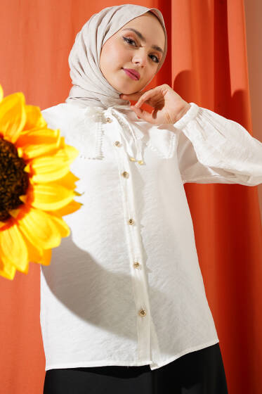 Denizci Yaka Dantelli Kısa Gömlek Beyaz - Gömlek