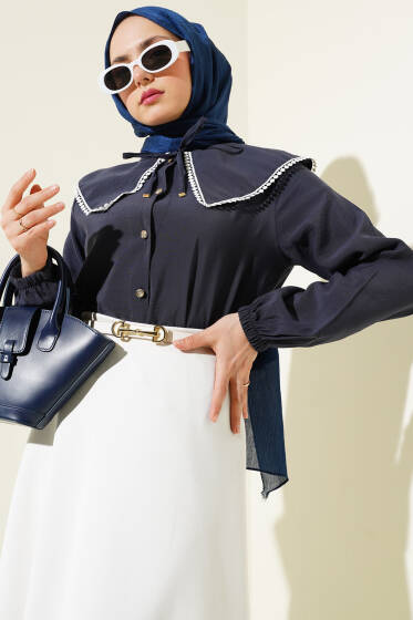 Denizci Yaka Dantelli Kısa Gömlek Lacivert - Gömlek