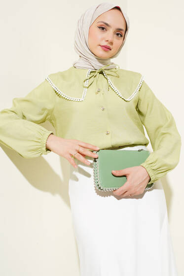 Denizci Yaka Dantelli Kısa Gömlek Su Yeşili - Gömlek