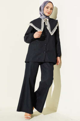 Denizci Yaka Dantelli Tunik İkili Takım Antrasit - HATUN