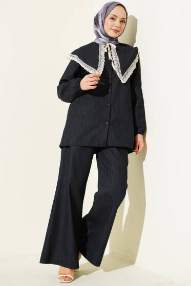 Denizci Yaka Dantelli Tunik İkili Takım Antrasit - İkili Takım