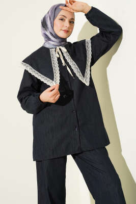 Denizci Yaka Dantelli Tunik İkili Takım Antrasit - İkili Takım