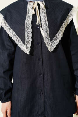 Denizci Yaka Dantelli Tunik İkili Takım Antrasit - İkili Takım