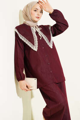 Denizci Yaka Dantelli Tunik İkili Takım Bordo - İkili Takım