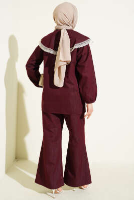 Denizci Yaka Dantelli Tunik İkili Takım Bordo - İkili Takım