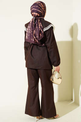 Denizci Yaka Dantelli Tunik İkili Takım Kahve - İkili Takım