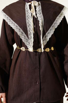 Denizci Yaka Dantelli Tunik İkili Takım Kahve - İkili Takım