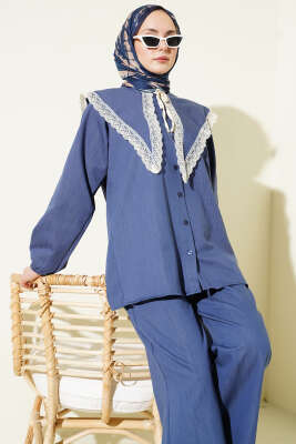 Denizci Yaka Dantelli Tunik İkili Takım Mavi - İkili Takım