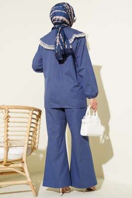 Denizci Yaka Dantelli Tunik İkili Takım Mavi - İkili Takım