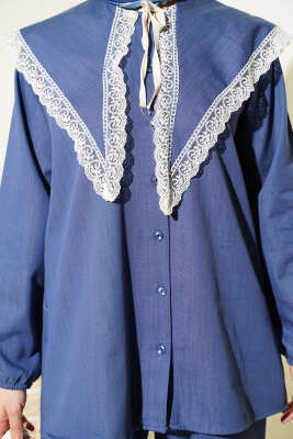 Denizci Yaka Dantelli Tunik İkili Takım Mavi - İkili Takım