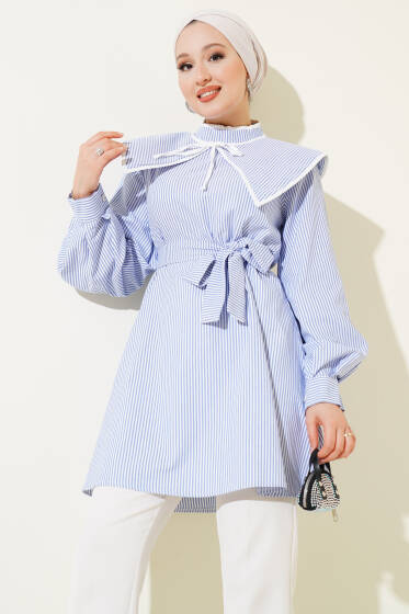 Denizci Yaka Dik Çizgili Tunik Mavi - Tunik