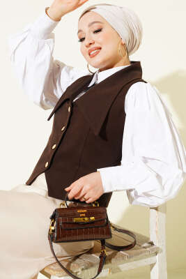 Denizci Yaka Düğmeli Kısa Yelek Kahve - MISRA