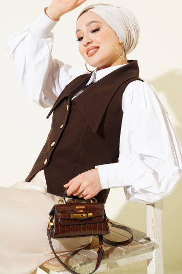 Denizci Yaka Düğmeli Kısa Yelek Kahve - Yelek