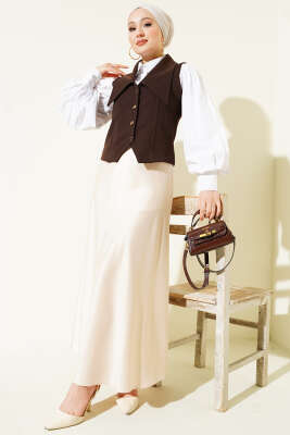 Denizci Yaka Düğmeli Kısa Yelek Kahve - Yelek