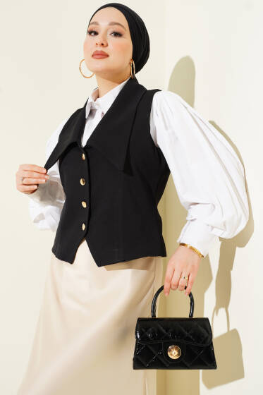 Denizci Yaka Düğmeli Kısa Yelek Siyah - Yelek