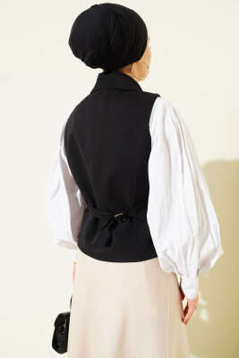 Denizci Yaka Düğmeli Kısa Yelek Siyah - Yelek