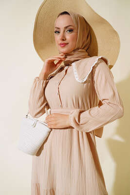 Denizci Yaka Elbise Bej - Tesettür Elbise